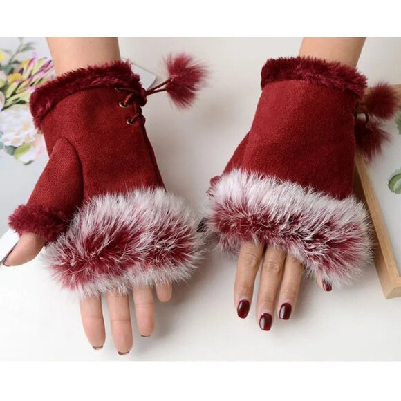 x2 Pairs Faux Fur Suede Fingerless Gloves - Multiple Colors Available- Brand New - Picture 2 of 4
